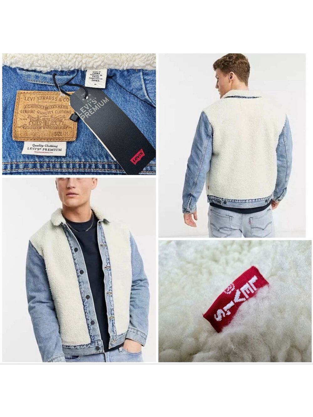 NWT Levi's Premium Sherpa Denim Trucker Jacket M Blue White